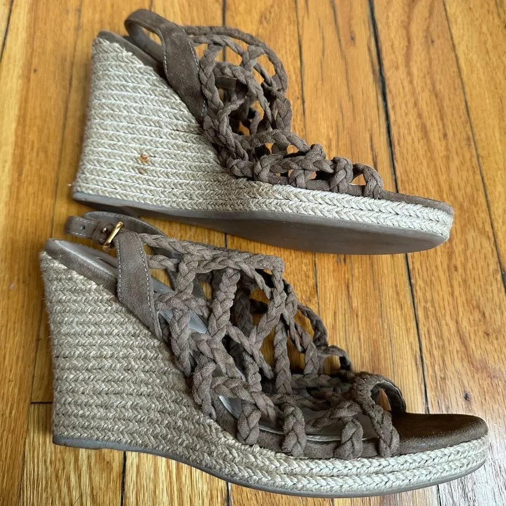 Prada wedges braised‎ rope 100% leather suede beige tan woven Sandal size 9.5